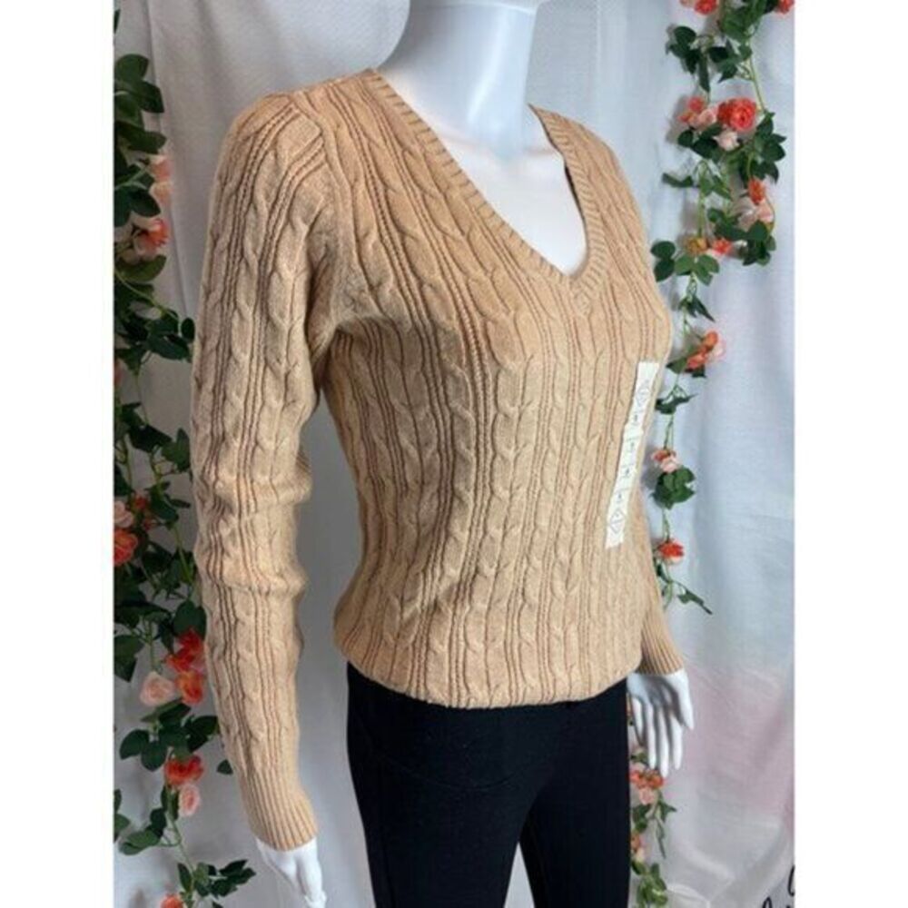 St Johns Bay Tan Cotton Blend V Neck Cable Knit Sweater‎ Size S